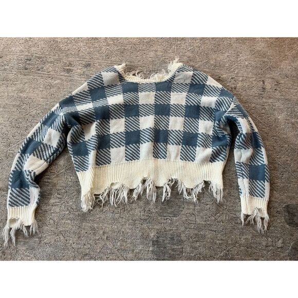 Just Polly Sweater Distressed Blue Checkered V Neck Women Size Small - Picture 4 of 4